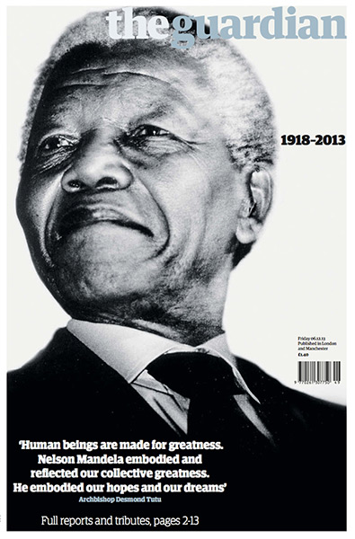 Guardian front cover of Nelson Mandela's death 5th December 2013
